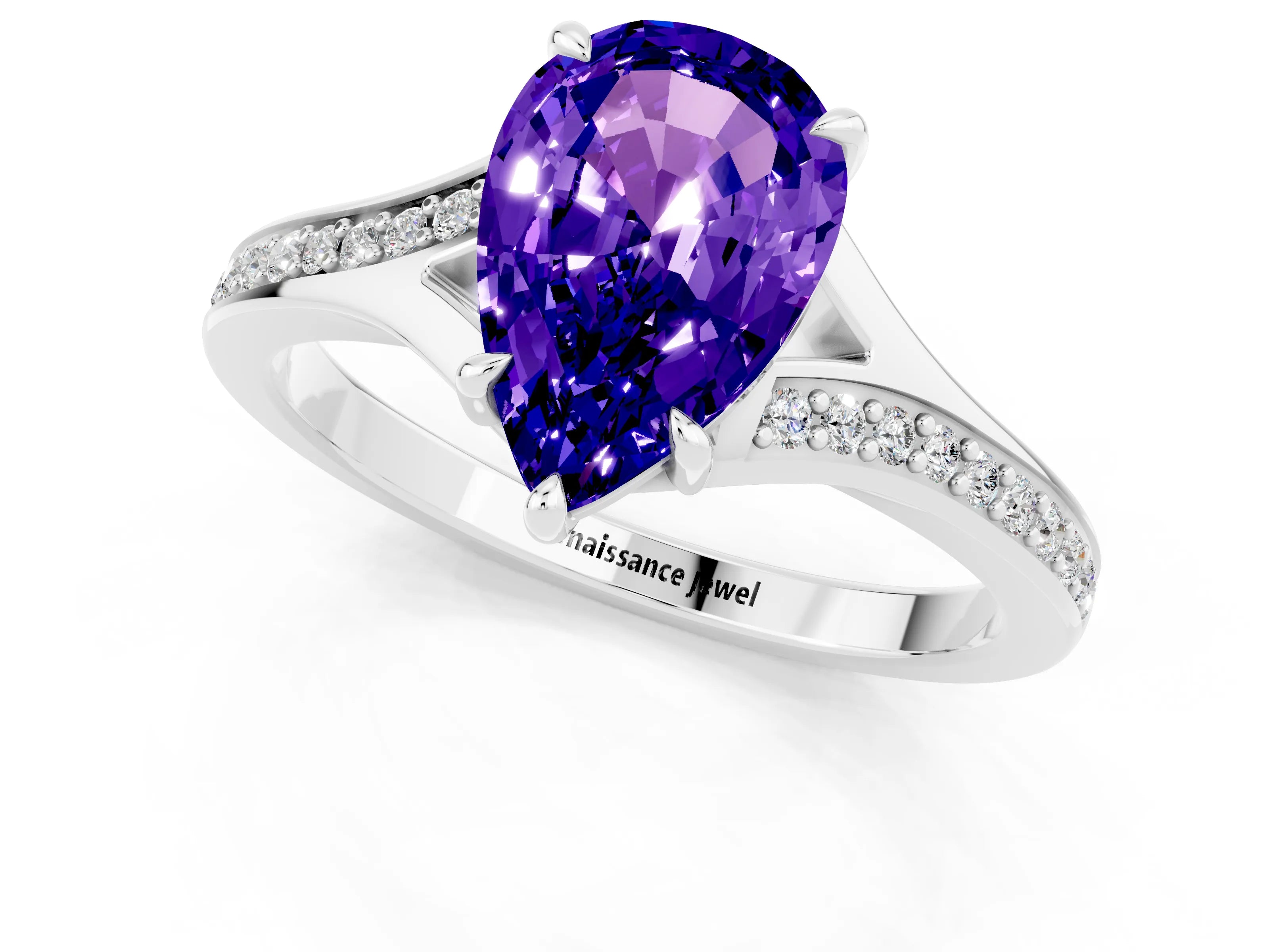 Silver Pear Cut Tanzanite Solitaire Ring with Pavé Band and Prong Setting_13