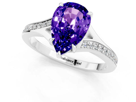 Silver Pear Cut Tanzanite Solitaire Ring with Pavé Band and Prong Setting_13