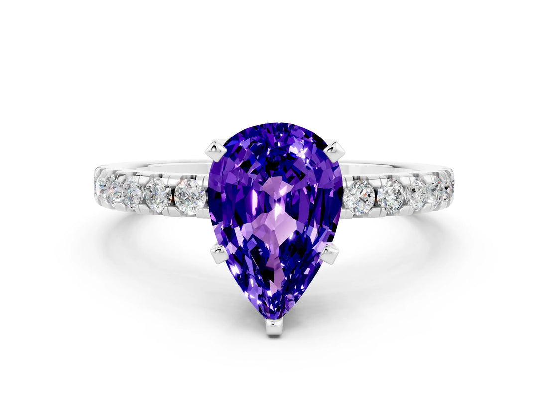 Silver Pear Cut Tanzanite Solitaire Ring with Round  Pavé Band and Four-Prong Setting_24