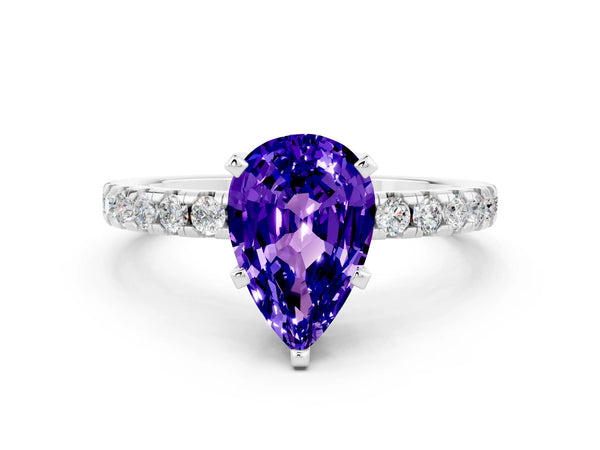 Silver Pear Cut Tanzanite Solitaire Ring with Round Pavé Band and Four-Prong Setting