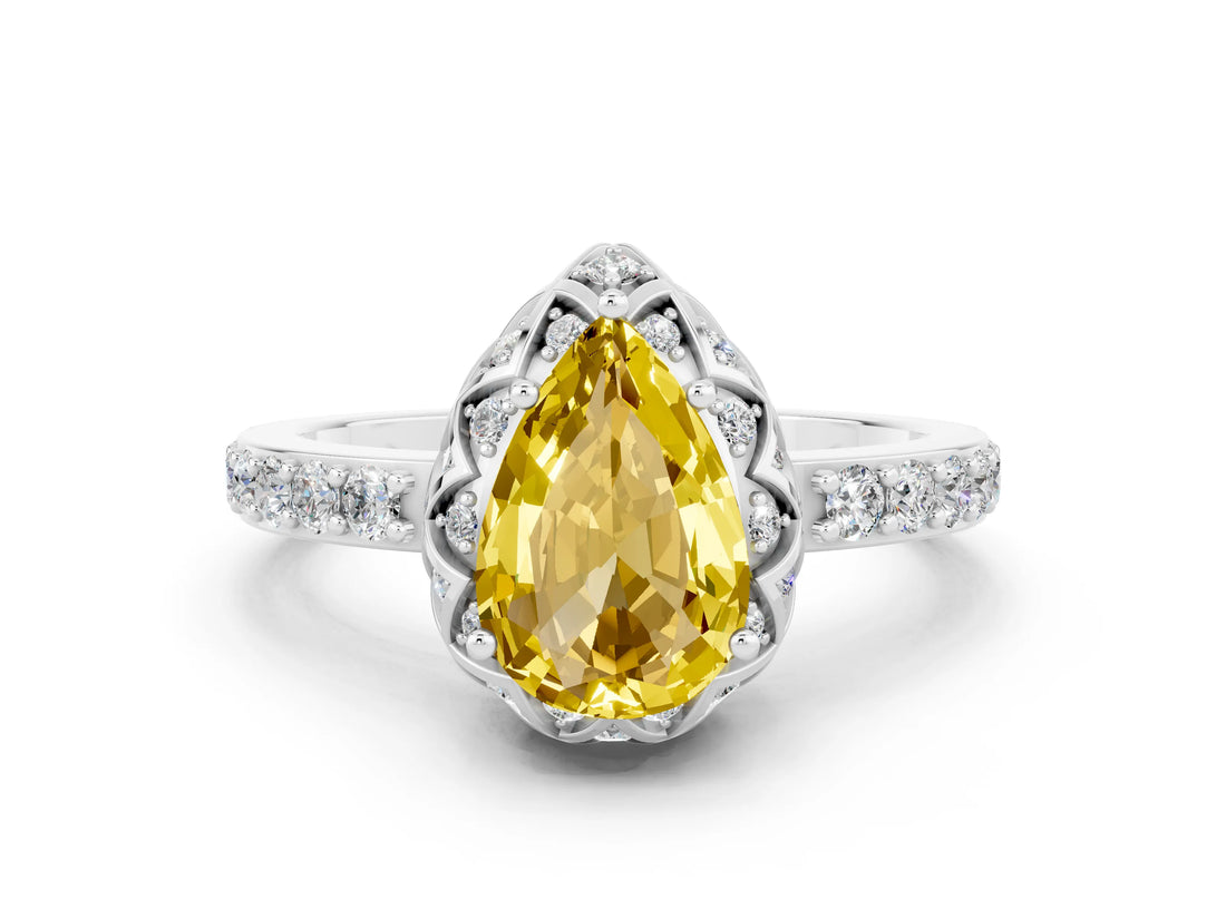 Silver Pear Cut Yellow Sapphire Scalloped Halo Engagement Ring with Round Shared Prong Band_60