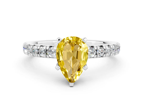 Silver Pear Cut Yellow Sapphire Solitaire Pavé Engagement Ring with Round Band and Prong Setting