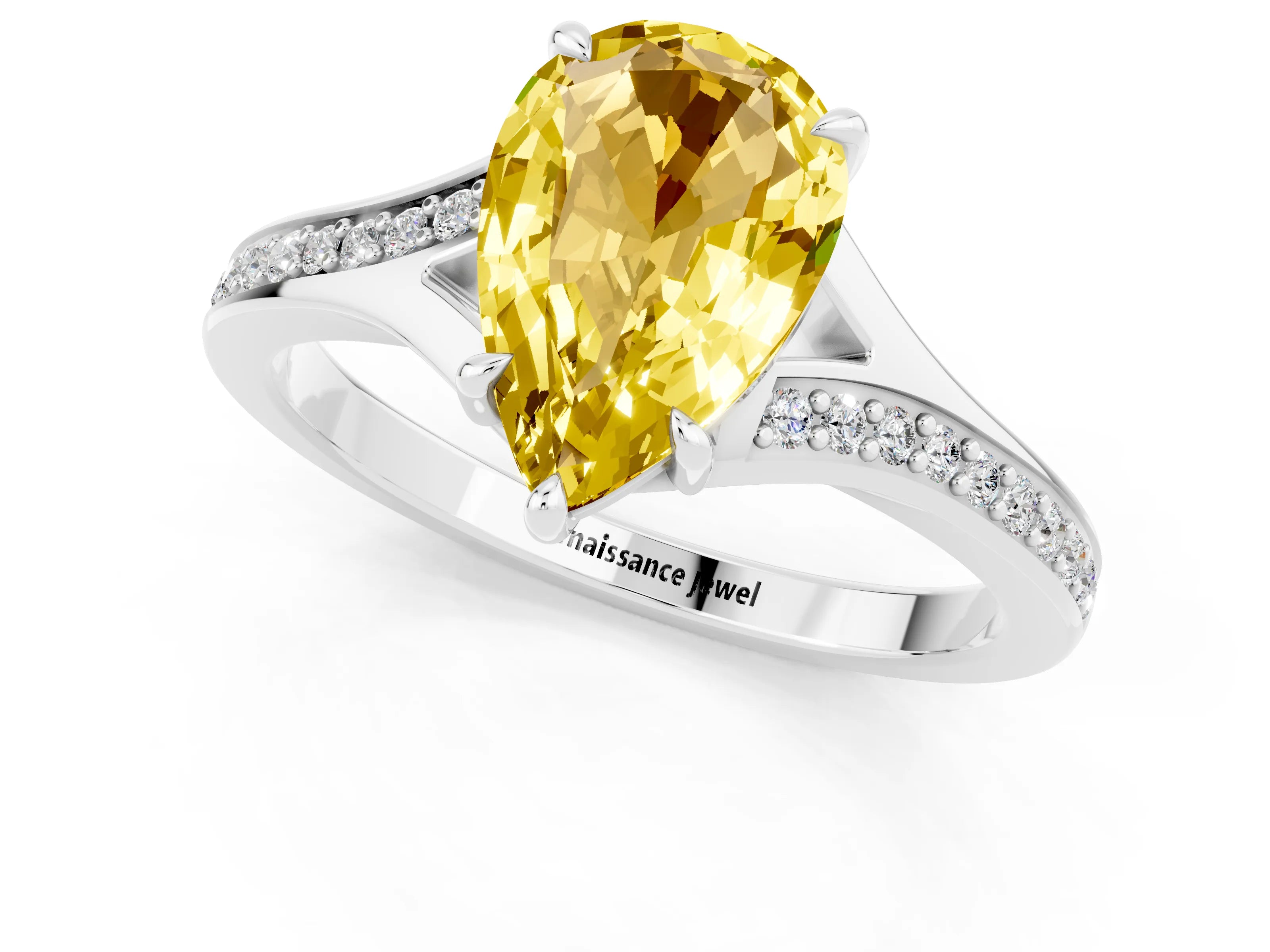 Silver Pear Cut Yellow Sapphire Solitaire Ring with Pavé Band and Prong Setting_13