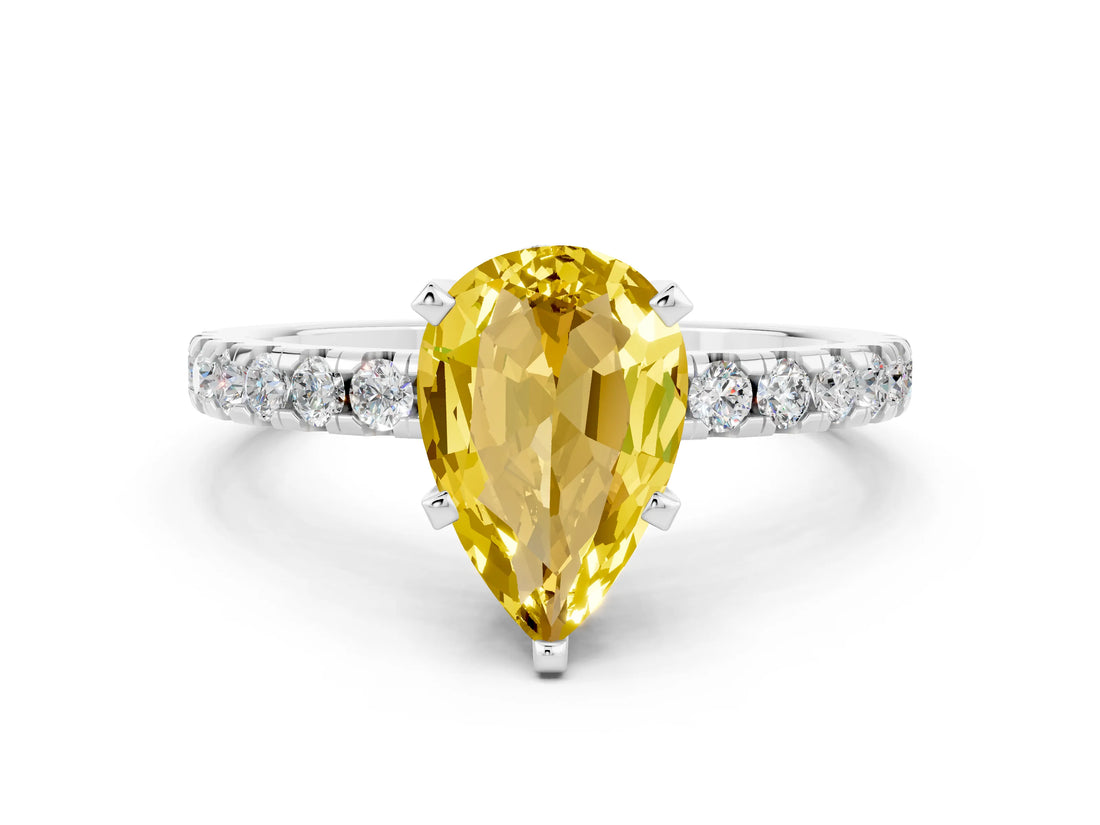Silver Pear Cut Yellow Sapphire Solitaire Ring with Round  Pavé Band and Four-Prong Setting_36