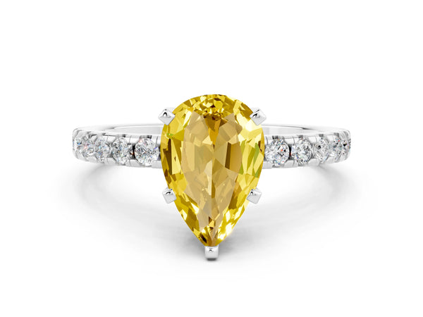 Silver Pear Cut Yellow Sapphire Solitaire Ring with Round Pavé Band and Four-Prong Setting