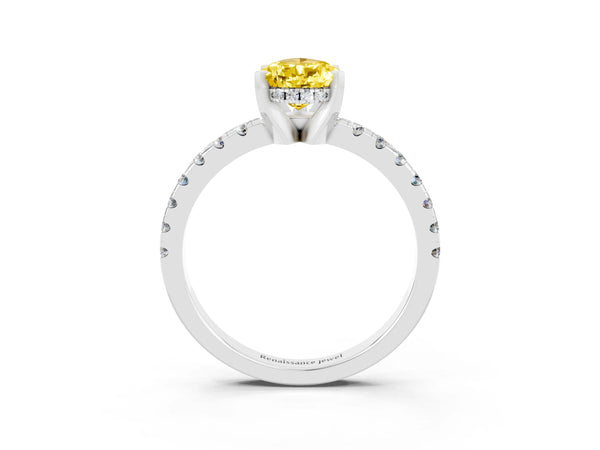 Silver Pear Cut Yellow Sapphire Solitaire Ring with Round Pavé Band and Four-Prong Setting