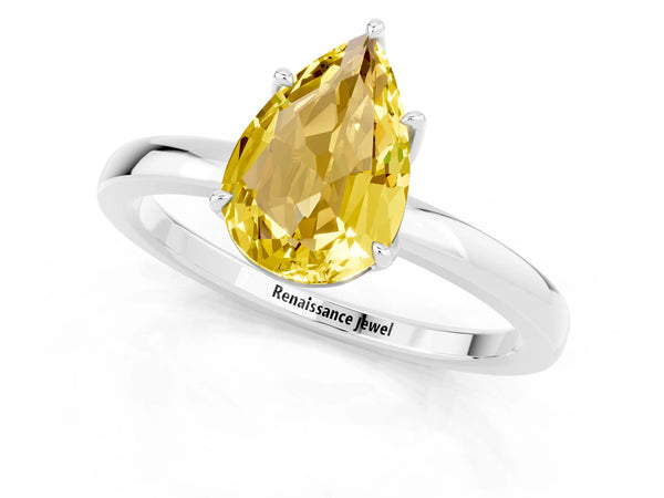 Silver Pear Cut Yellow Sapphire Solitaire Ring with Thin Band and Prong Setting
