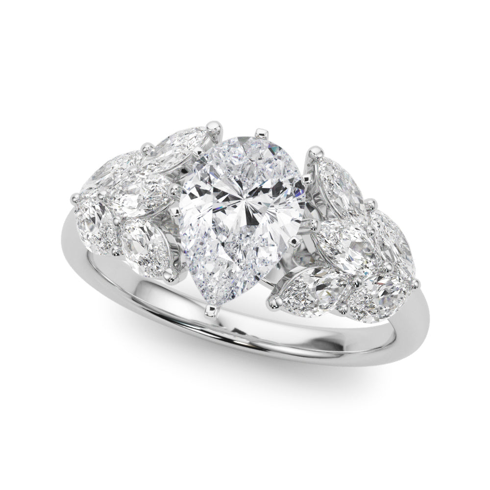 Silver Pear Diamond Cluster Leaf Design Ring with Prong Setting 2