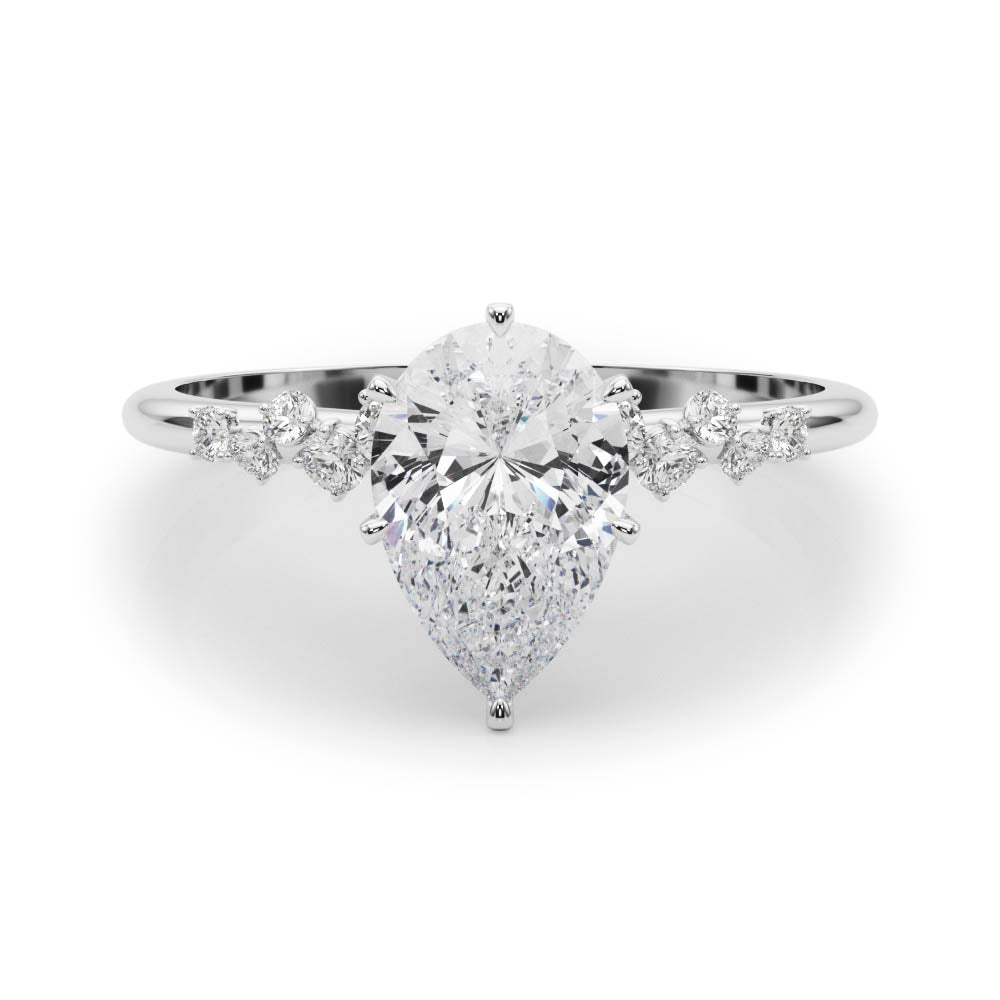 Silver Pear Diamond Cluster Prong-Set Solitaire Ring