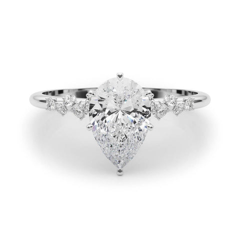 Silver Pear Diamond Cluster Prong-Set Solitaire Ring