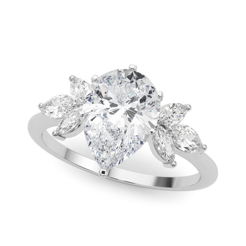 Silver Pear Diamond Floral Cluster Ring with Marquise Side Stones and Six-Prong Solitaire Setting 2