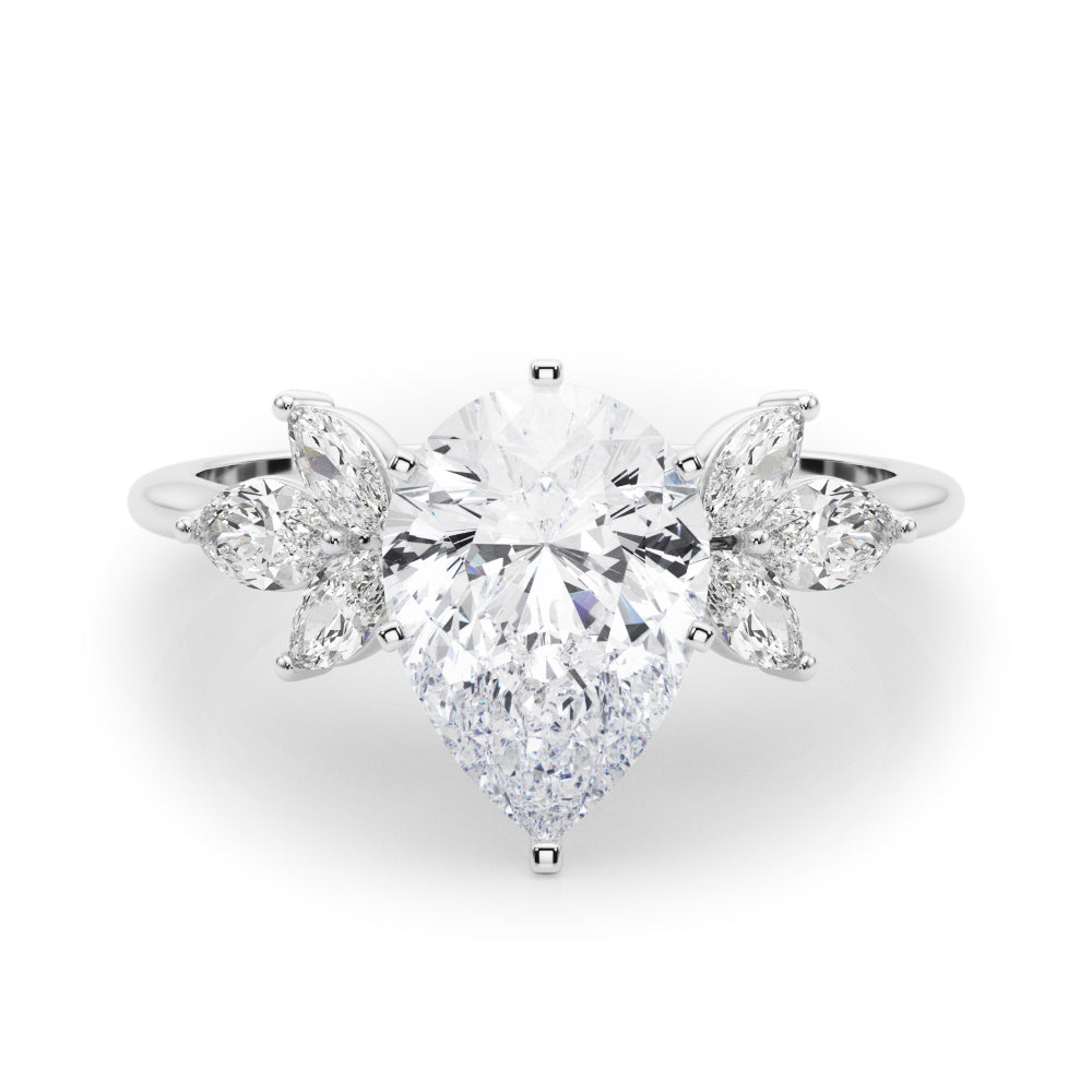 Silver Pear Diamond Floral Cluster Ring with Marquise Side Stones and Six-Prong Solitaire Setting