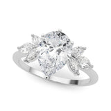 Silver Pear Diamond Floral Cluster Ring with Marquise Side Stones and Six-Prong Solitaire Setting