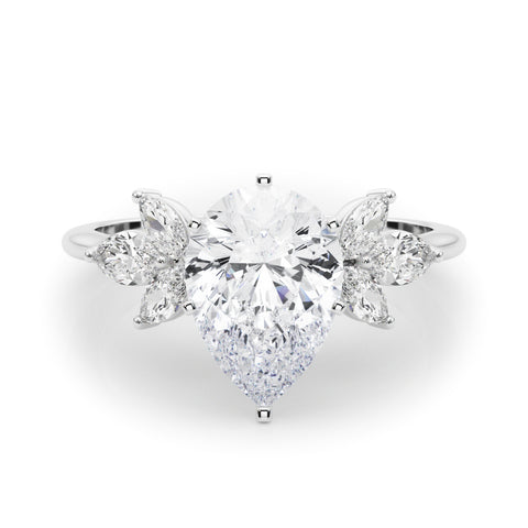 Silver Pear Diamond Floral Cluster Ring with Marquise Side Stones and Six-Prong Solitaire Setting