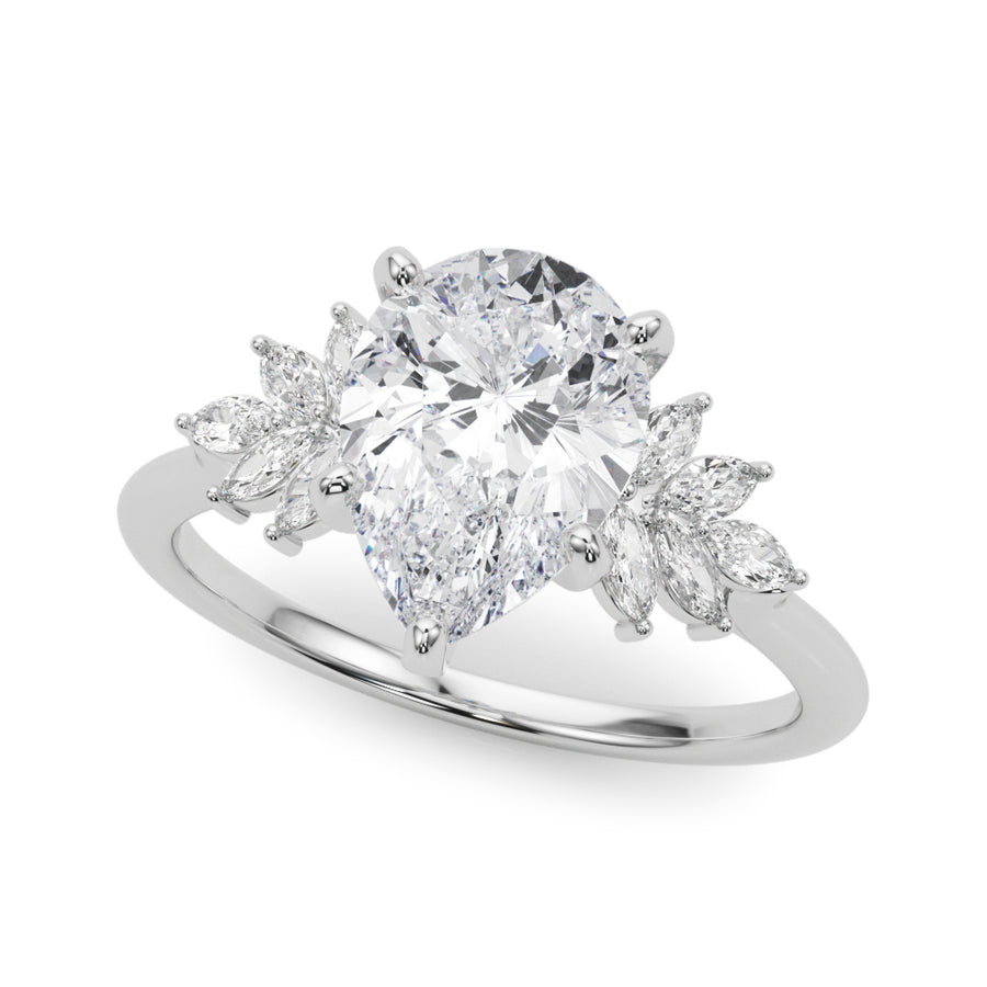 White gold Pear Diamond Floral Side Stone Solitaire with Marquise Accents and Four-Prong Setting