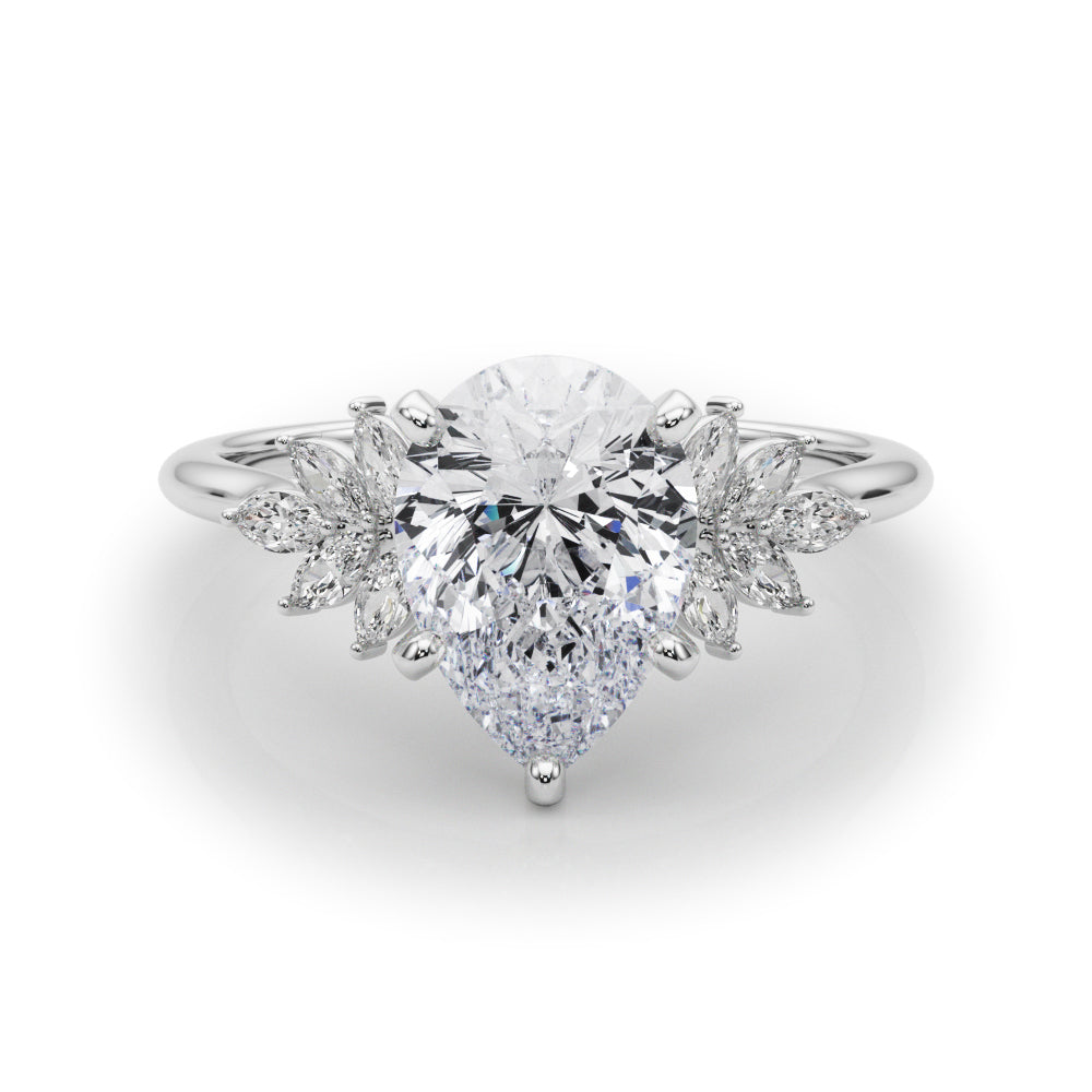 Silver Pear Diamond Floral Side Stone Solitaire with Marquise Accents and Four-Prong Setting