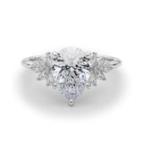 Silver Pear Diamond Floral Side Stone Solitaire with Marquise Accents and Four-Prong Setting