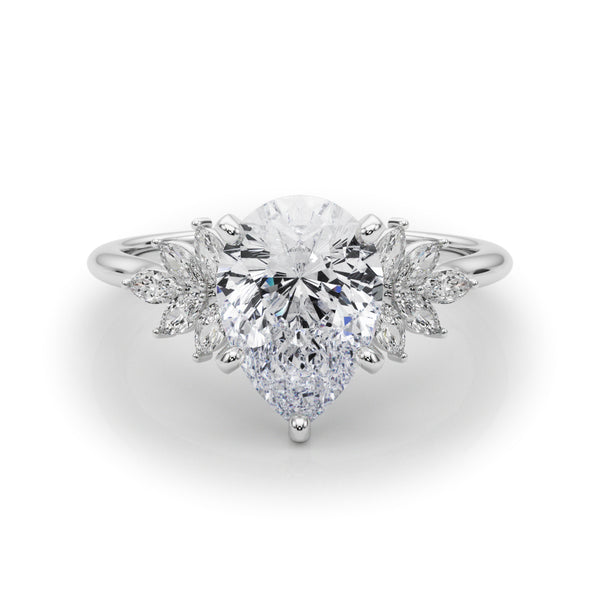White gold Pear Diamond Floral Side Stone Solitaire with Marquise Accents and Four-Prong Setting