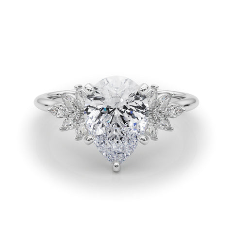 Silver Pear Diamond Floral Side Stone Solitaire with Marquise Accents and Four-Prong Setting