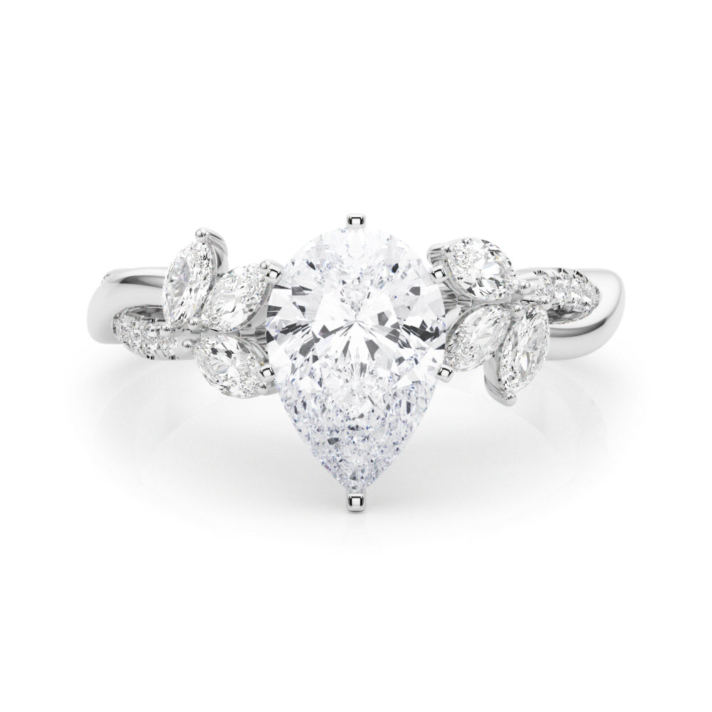 Silver Pear Diamond Floral Vine Solitaire Engagement Ring