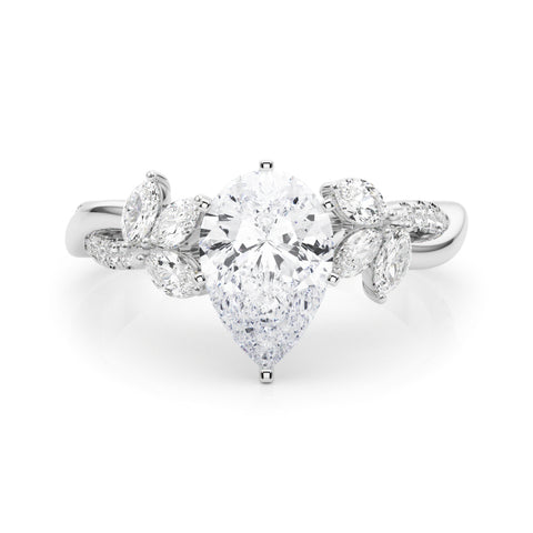 Silver Pear Diamond Floral Vine Solitaire Engagement Ring