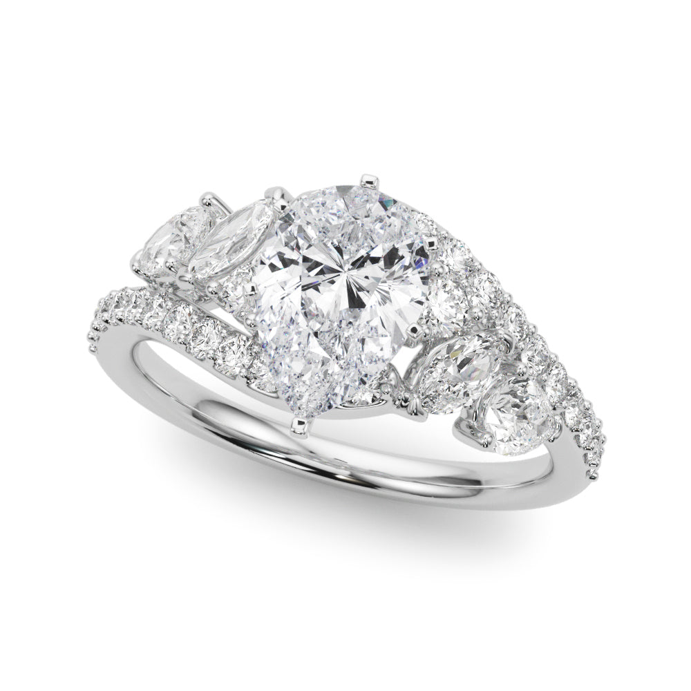 Silver Pear Diamond Halo Ring with Marquise and Pavé Band in Prong Setting 2