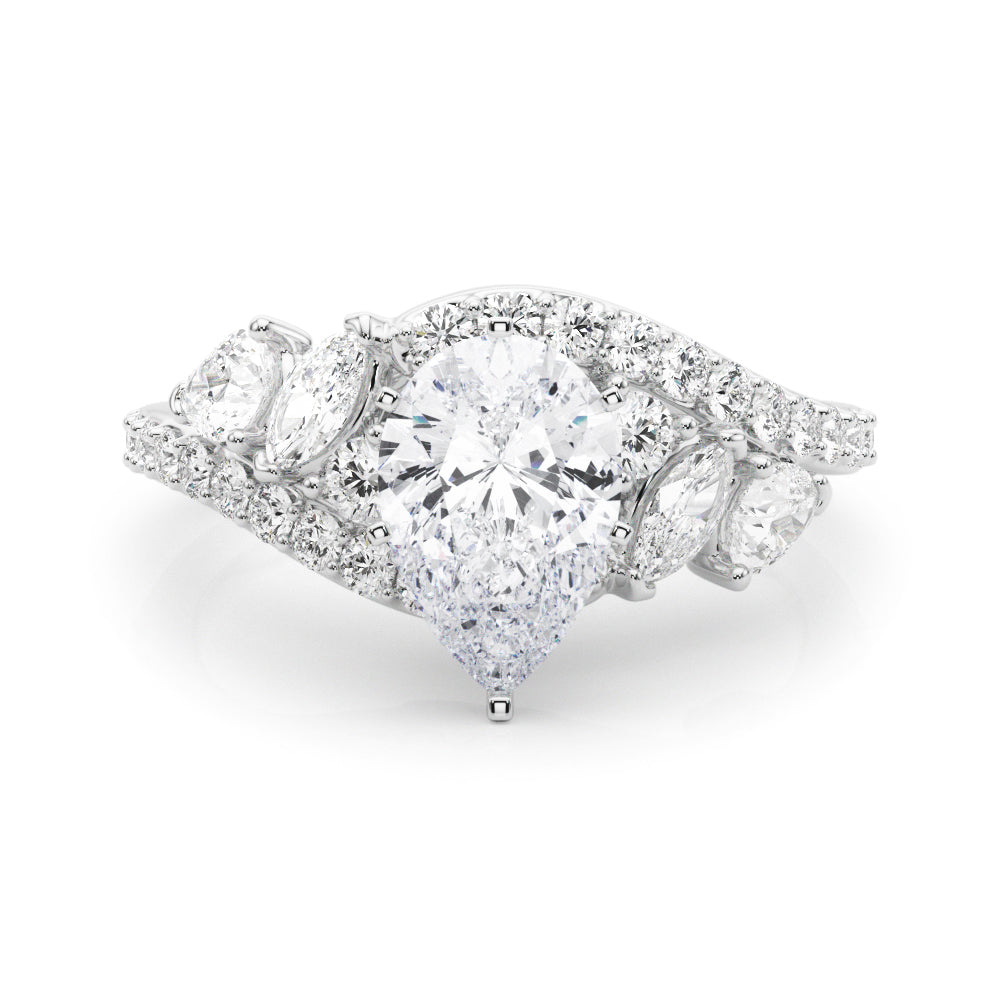 Silver Pear Diamond Halo Ring with Marquise and Pavé Band in Prong Setting