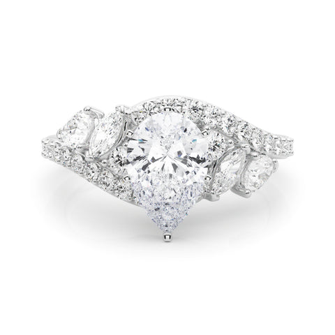 Silver Pear Diamond Halo Ring with Marquise and Pavé Band in Prong Setting