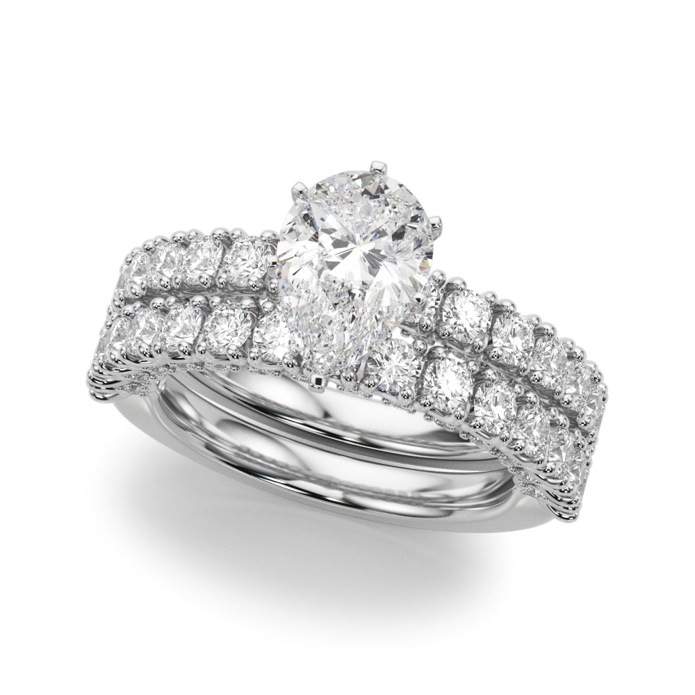 Silver Pear Diamond Pavé Band Solitaire Ring with Four-Prong Setting