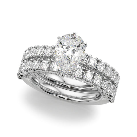 Silver Pear Diamond Pavé Band Solitaire Ring with Four-Prong Setting