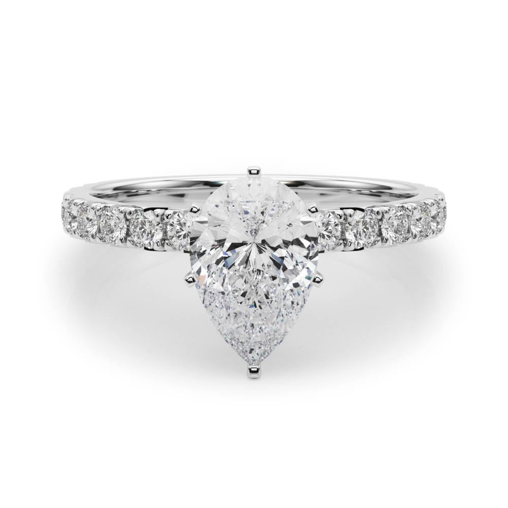 Silver Pear Diamond Pavé Band Solitaire with Four-Prong Setting