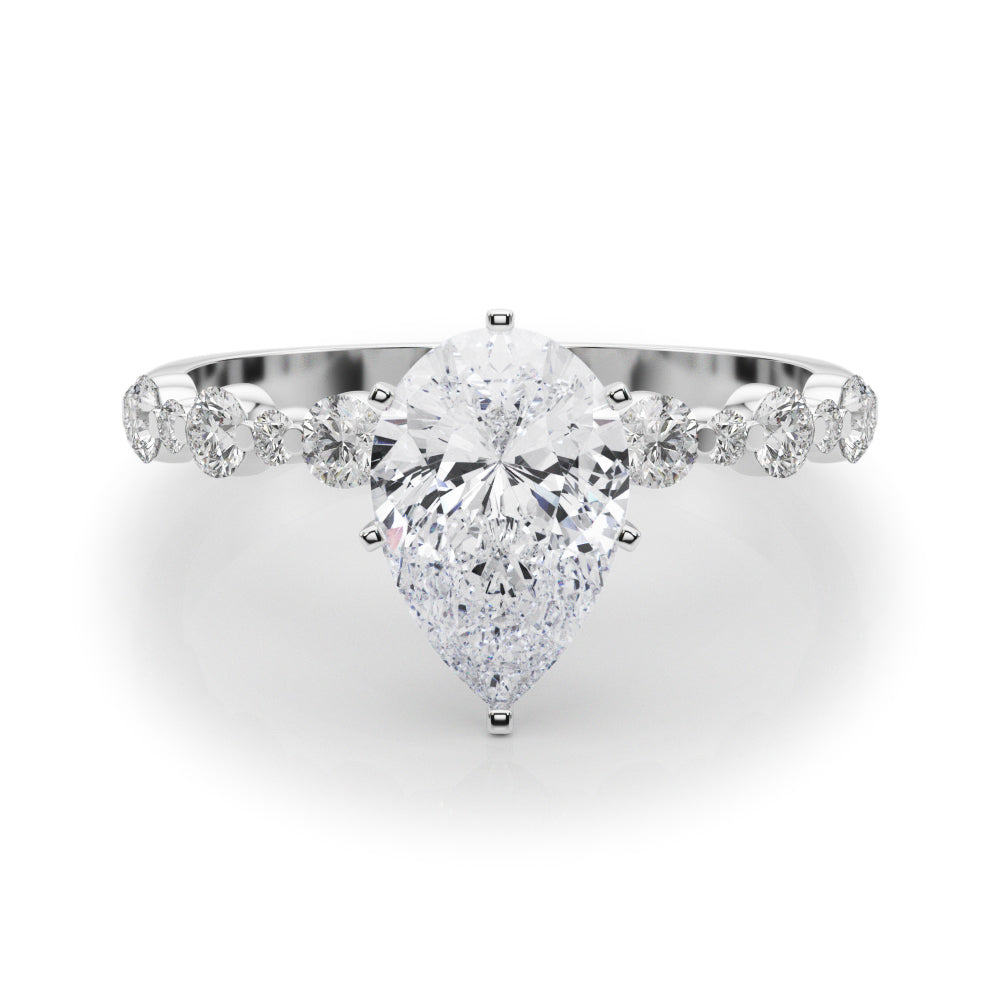 Silver Pear Diamond Prong Set Engagement Ring with Pave Band