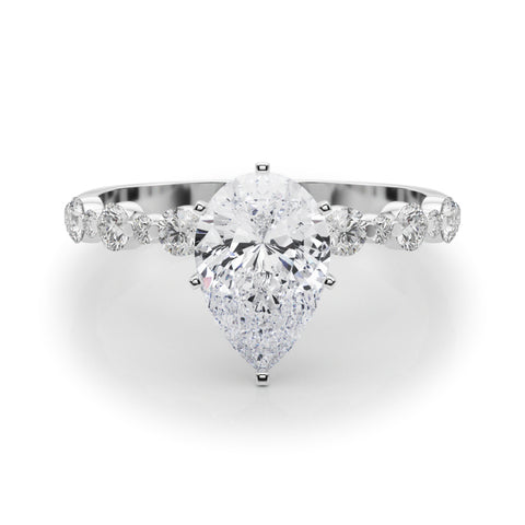 Silver Pear Diamond Prong Set Engagement Ring with Pave Band