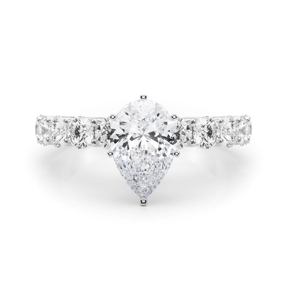 Silver Pear Diamond Prong Setting with Side Stones on a Pave Band