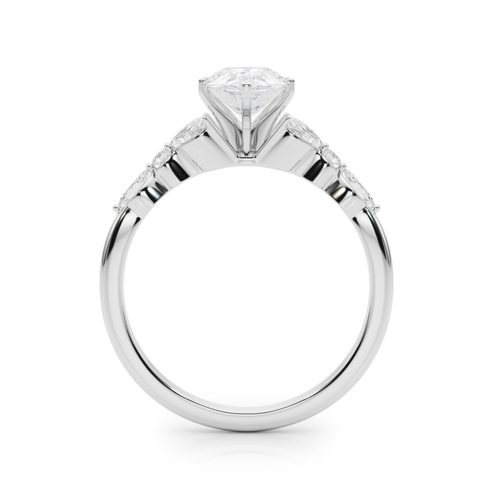 Silver Pear Diamond Solitaire with Side Stones on a Silver Band and Four-Prong Setting 1