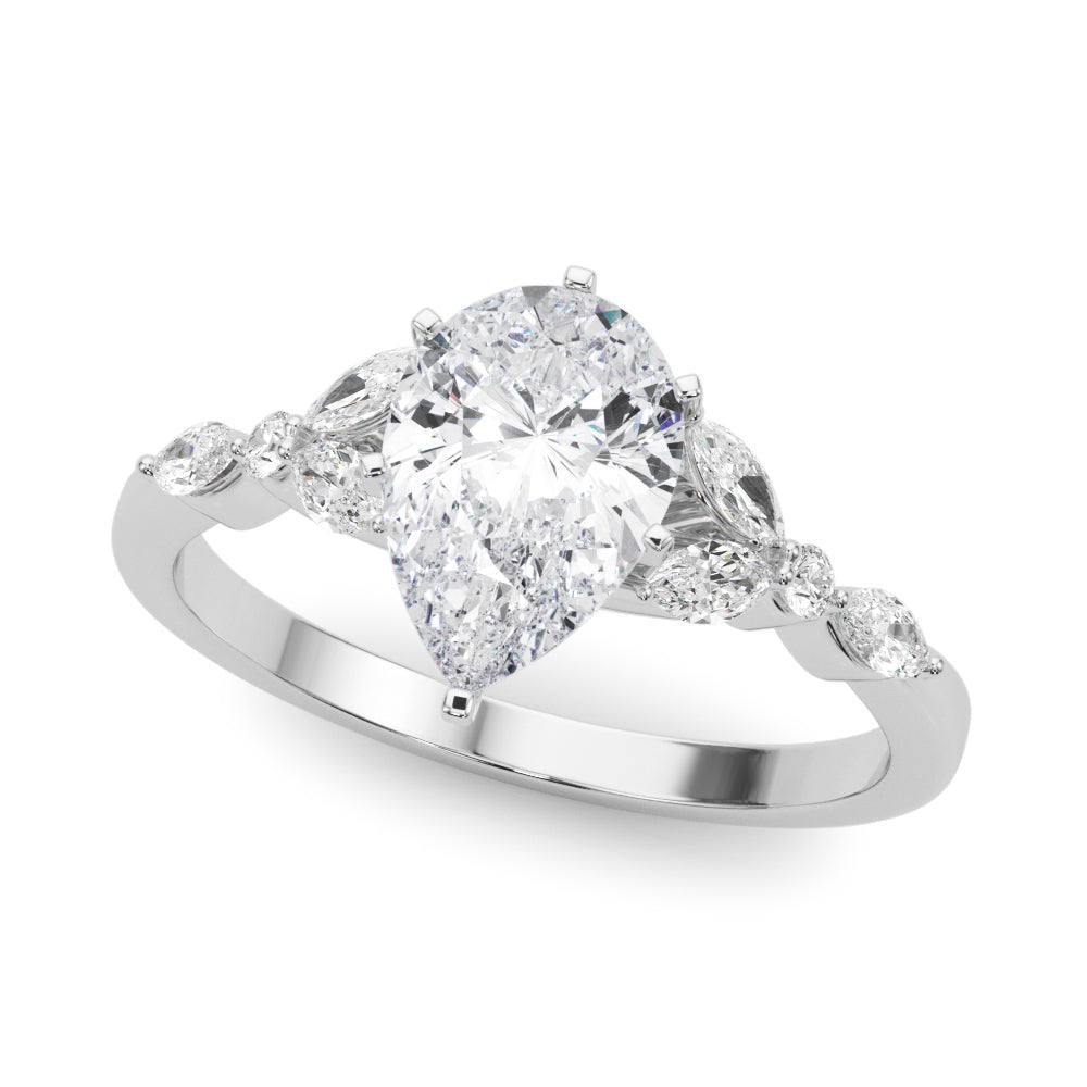 Silver Pear Diamond Solitaire with Side Stones on a Silver Band and Four-Prong Setting 2