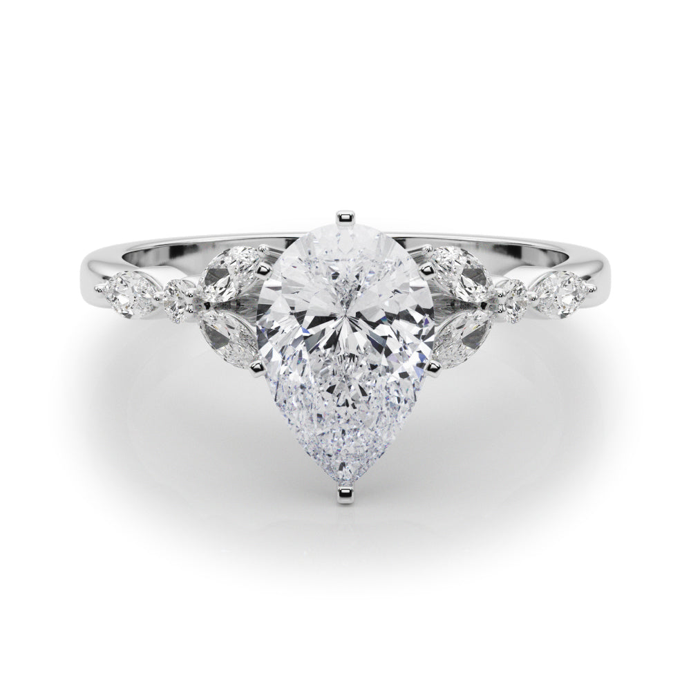 Silver Pear Diamond Solitaire with Side Stones on a Silver Band and Four-Prong Setting