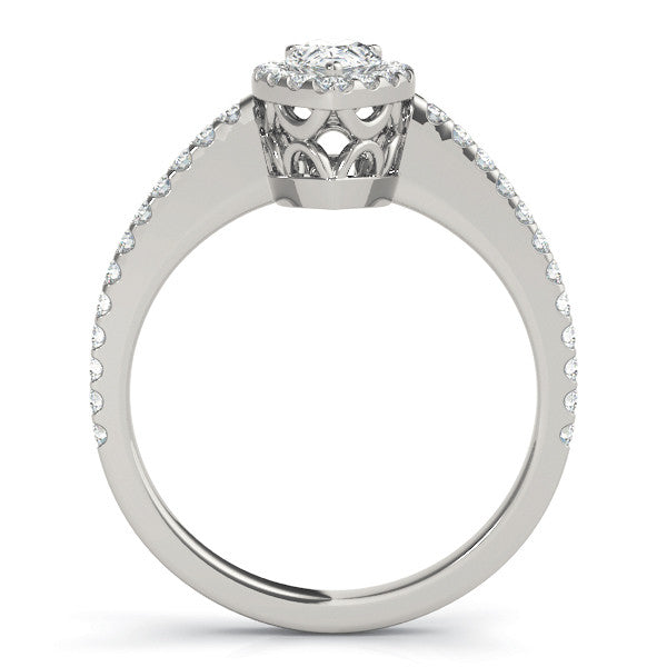 Silver Pear Halo Diamond Engagement Ring with Pavé Band and Prong Setting 1