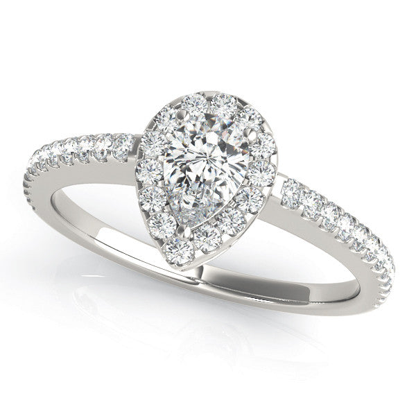 Silver Pear Halo Diamond Engagement Ring with Pavé Band and Prong Setting 2