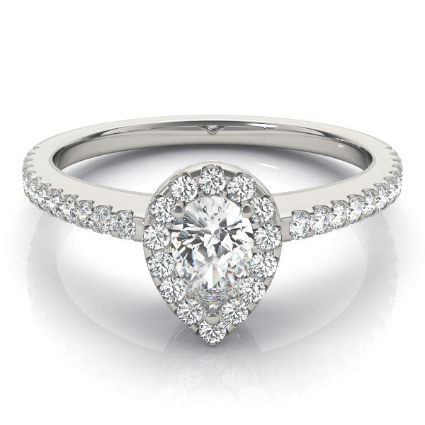 Silver Pear Halo Diamond Engagement Ring with Pavé Band and Prong Setting