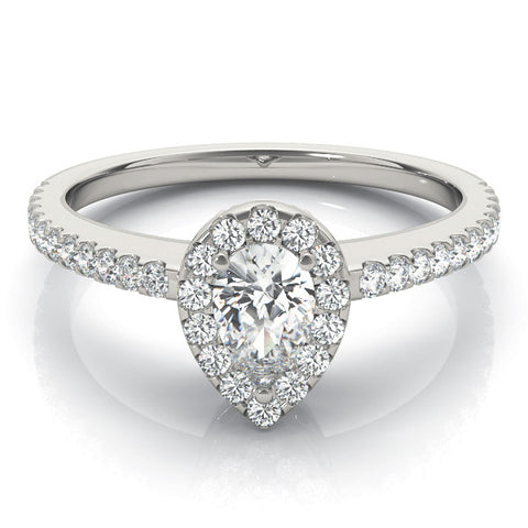 Silver Pear Halo Diamond Engagement Ring with Pavé Band and Prong Setting