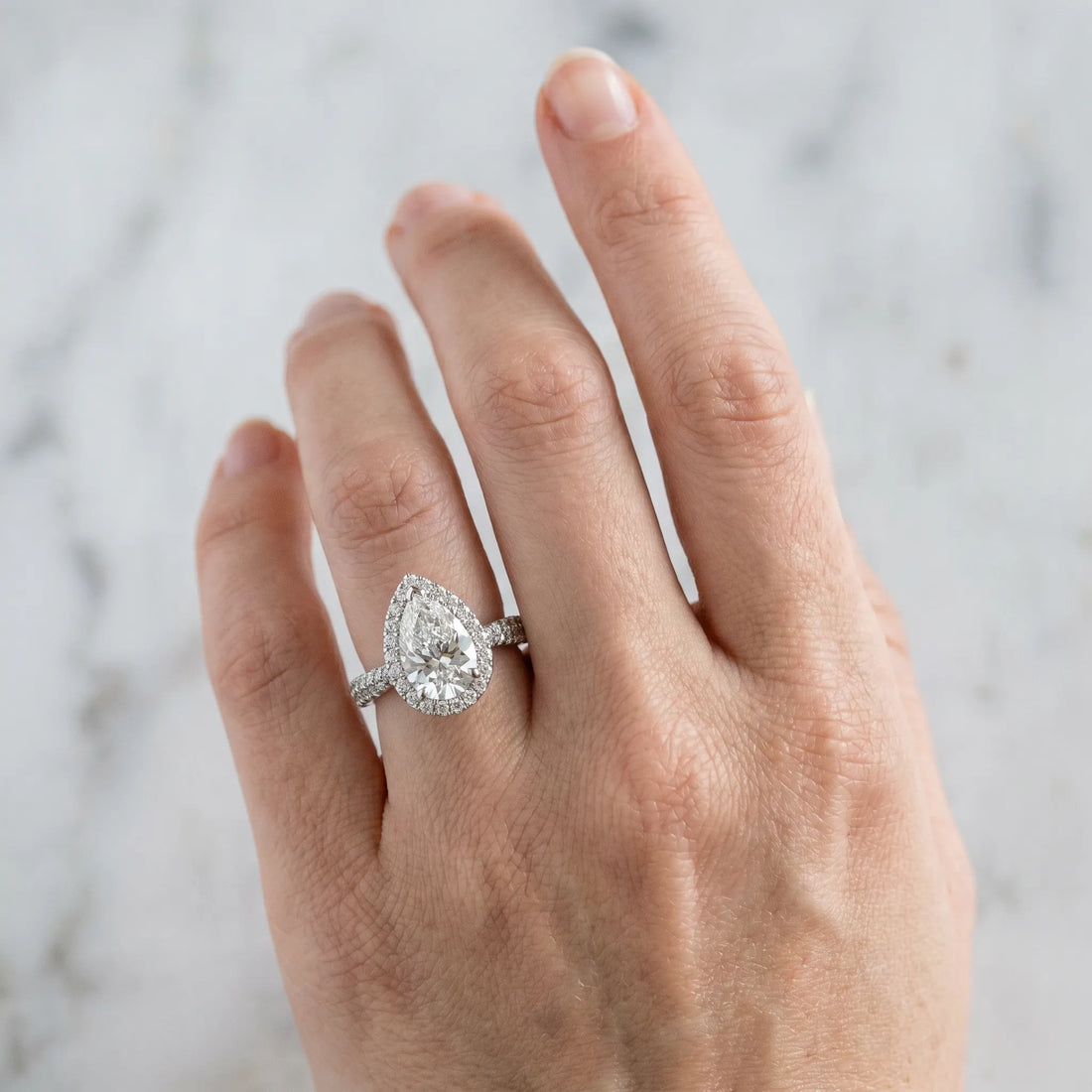 Silver Pear Halo Diamond Ring with Pavé Band_21