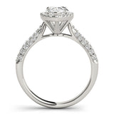 10K White Gold 1.10 Carat E VVS2 Pear Halo Diamond Ring with Pave Band and Prong Setting