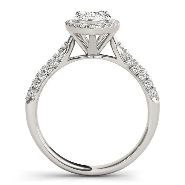 10K White Gold 1.10 Carat E VVS2 Pear Halo Diamond Ring with Pave Band and Prong Setting