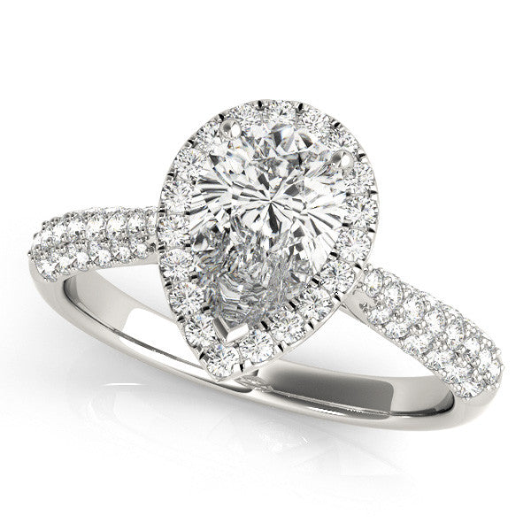 10K White Gold 1.10 Carat E VVS2 Pear Halo Diamond Ring with Pave Band and Prong Setting