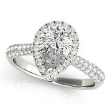 10K White Gold 1.10 Carat E VVS2 Pear Halo Diamond Ring with Pave Band and Prong Setting