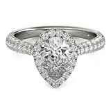 10K White Gold 1.10 Carat E VVS2 Pear Halo Diamond Ring with Pave Band and Prong Setting