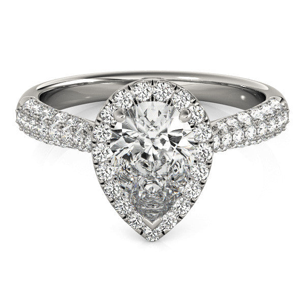 10K White Gold 1.10 Carat E VVS2 Pear Halo Diamond Ring with Pave Band and Prong Setting
