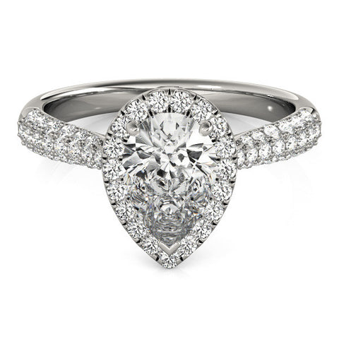 Silver Pear Halo Diamond Ring with Pave Band and Prong Setting