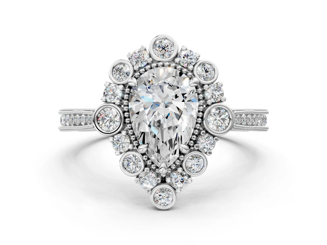 Silver Pear Halo Milgrain Pave Diamond Ring with Four-Prong Setting 1